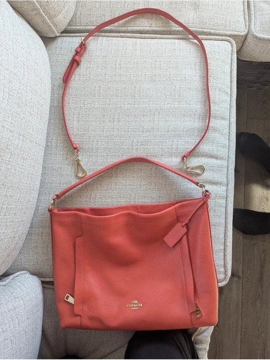 Coach Coral-Red Pebbled Leather Shoulder Hobo - Picture 4 of 8